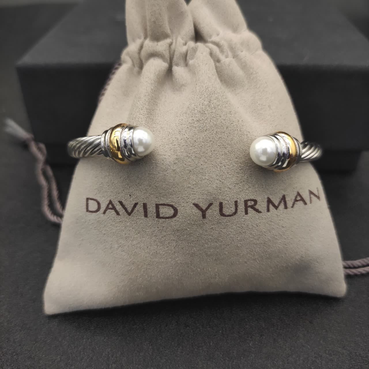 David Yurman Silver Cable Wire Bangle Bracelet with Pearl Ends